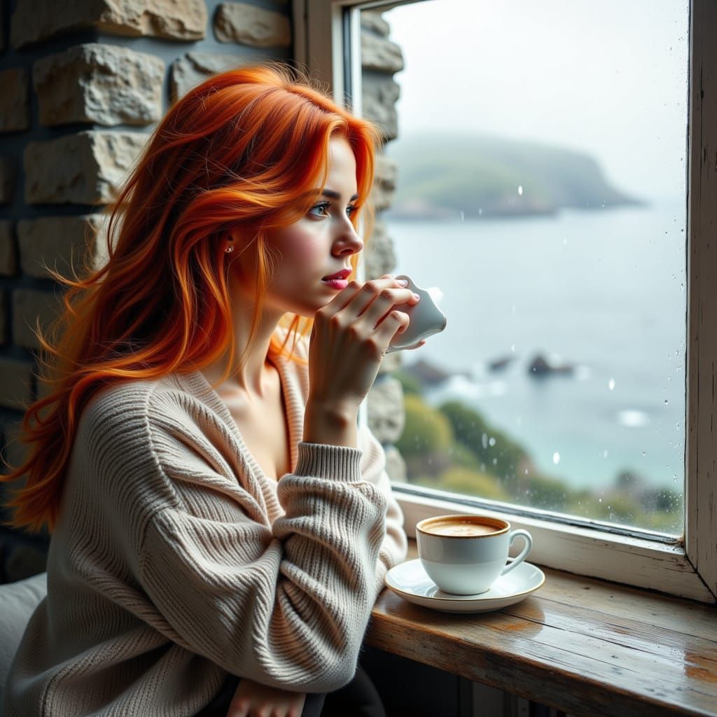 Woman Sipping Coffee in Cozy Cottage with Misty Seascape