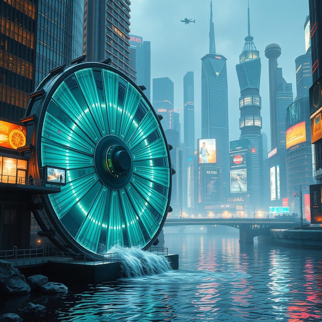 Futuristic City Waterwheel in Hyperrealistic Style