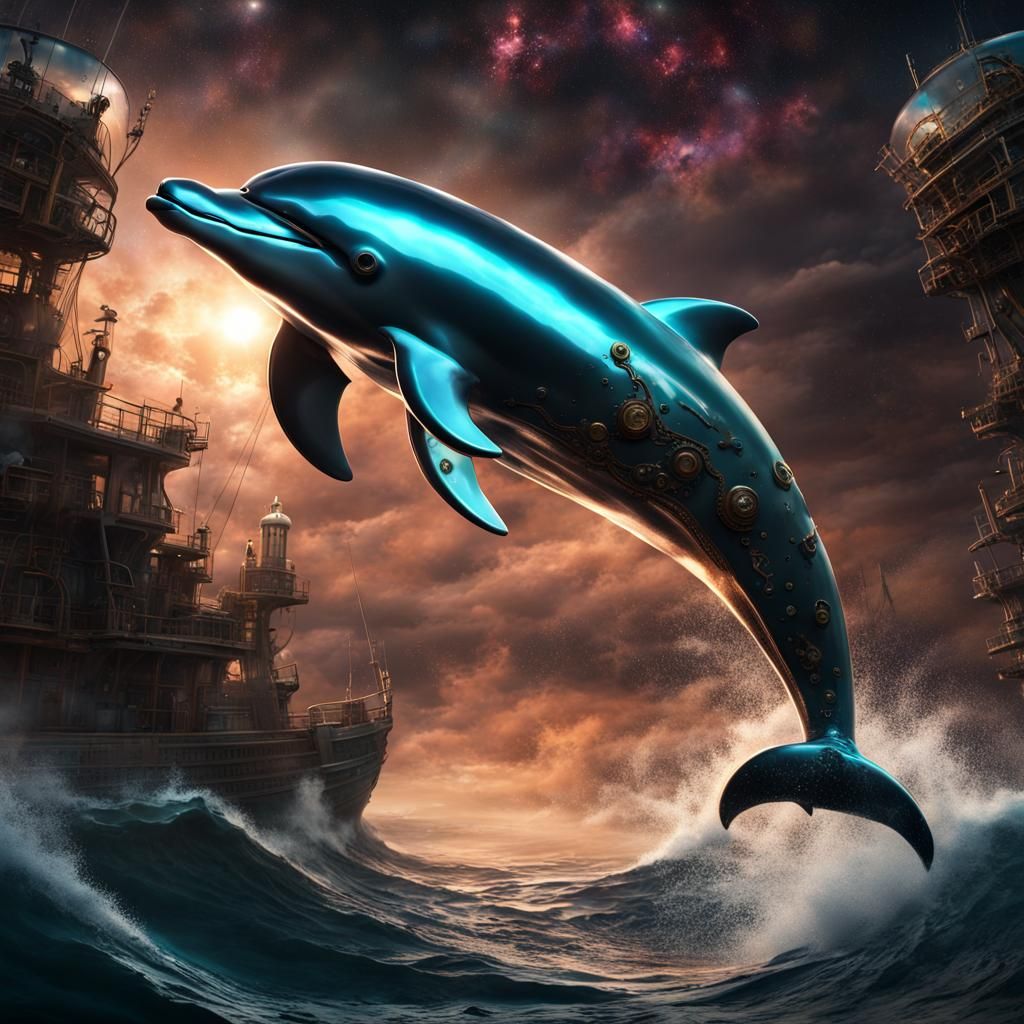 Steampunk Dolphins Swimming in Nebula Sky