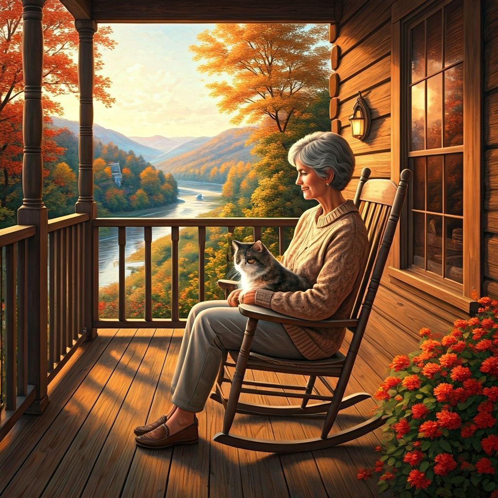 Cozy Cabin Scene with Woman and Cat