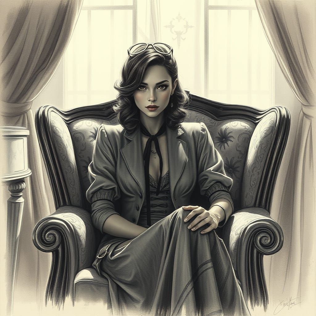Elegant Woman in Armchair: Hyperdetailed Charcoal Drawing