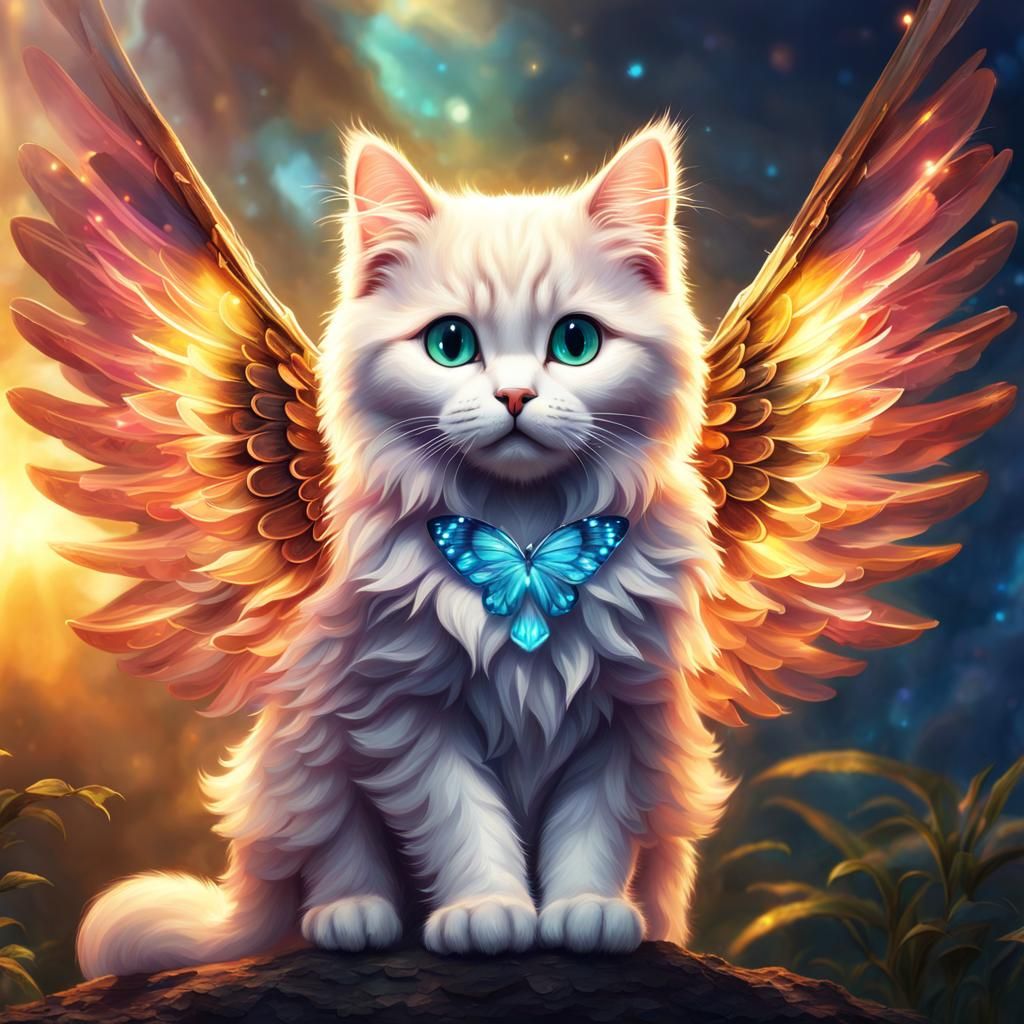 Cute Cat Angel with Six Wings in Astral Style