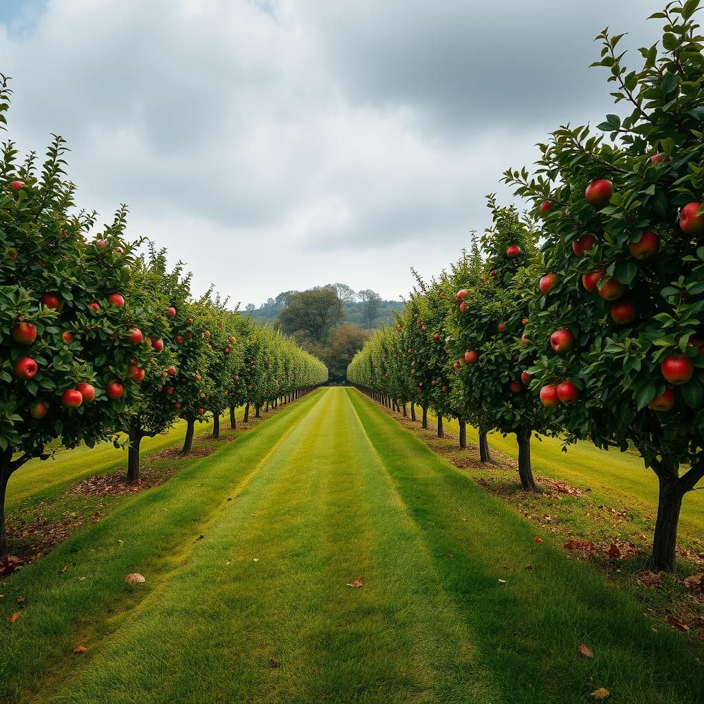 Vibrant Apple Orchard in Autumn Mist, HDR Photography