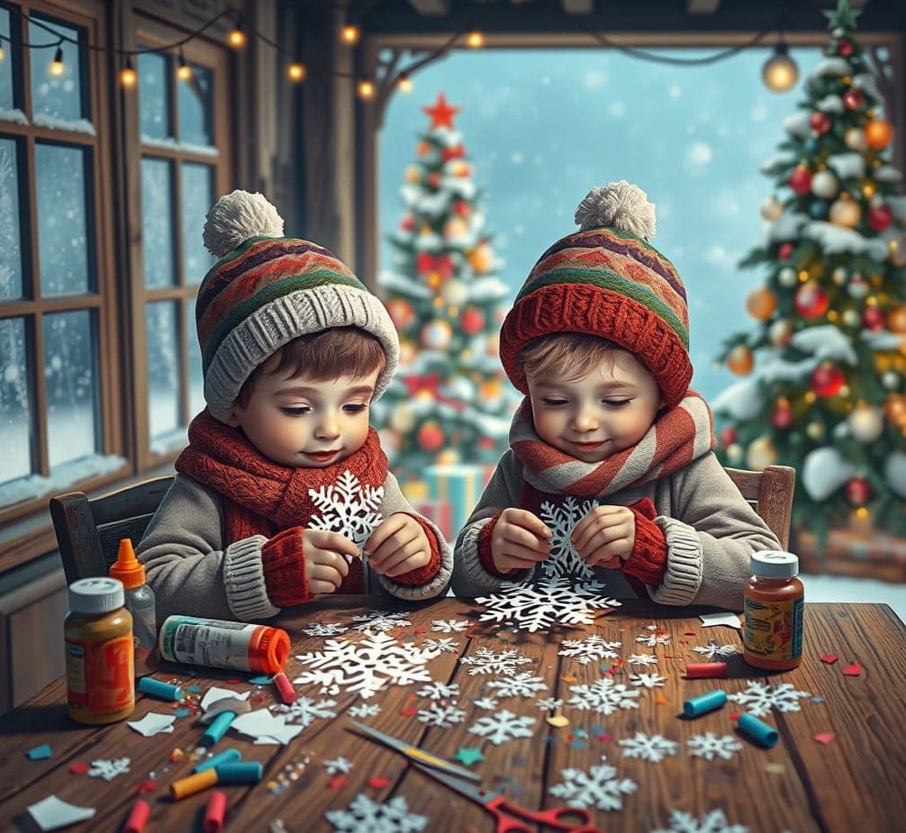 Adorable Winter Scene with Paper Snowflakes in Enchanting Ho...