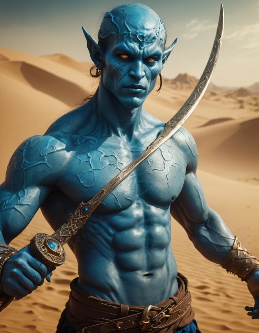 Hyperrealistic HD Portrait of a Blue-Skinned Djinn