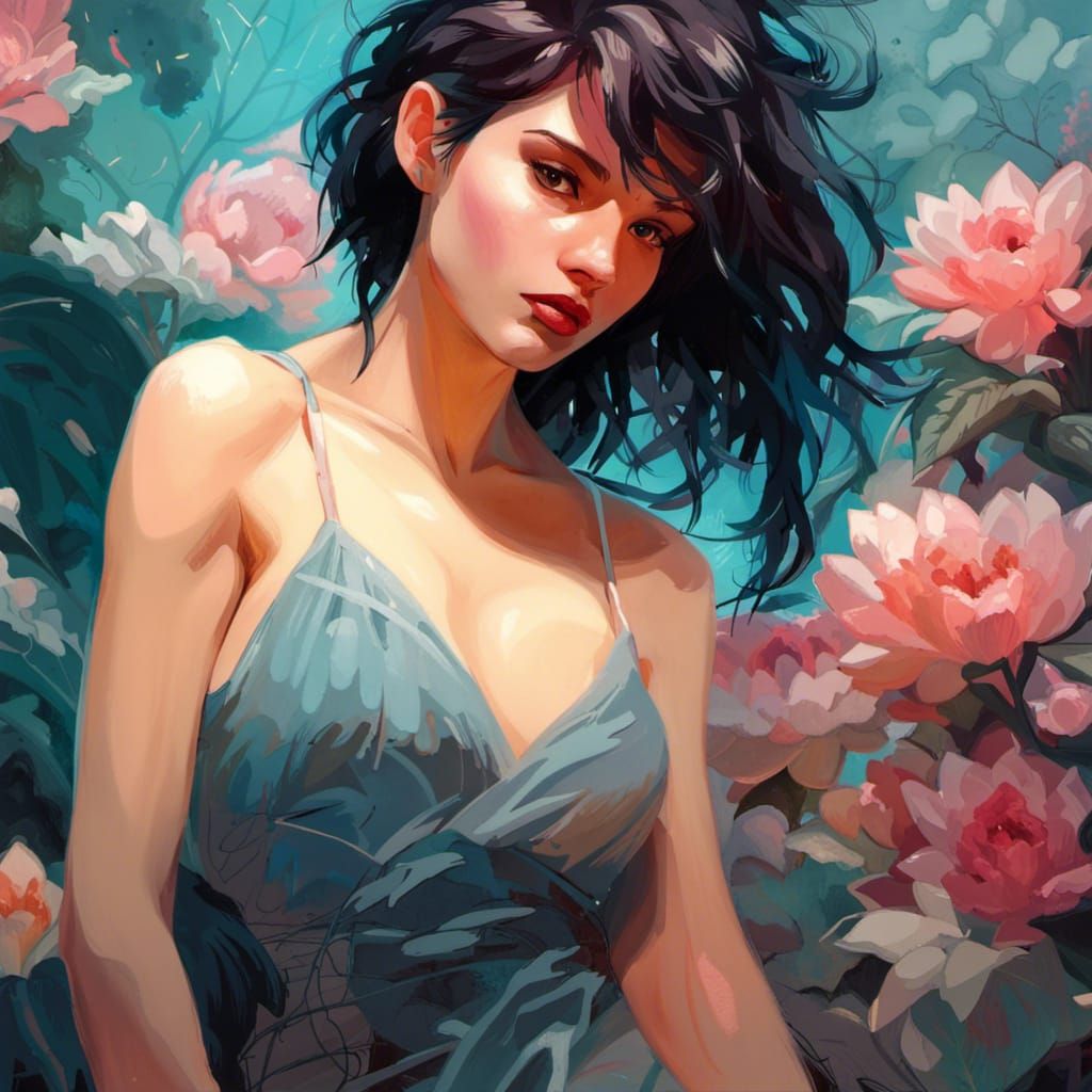 Punk Rock Woman Surrounded by Flowers: Oil Painting