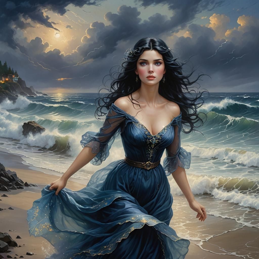 Siren on Stormy Beach in Ethereal Fantasy Style