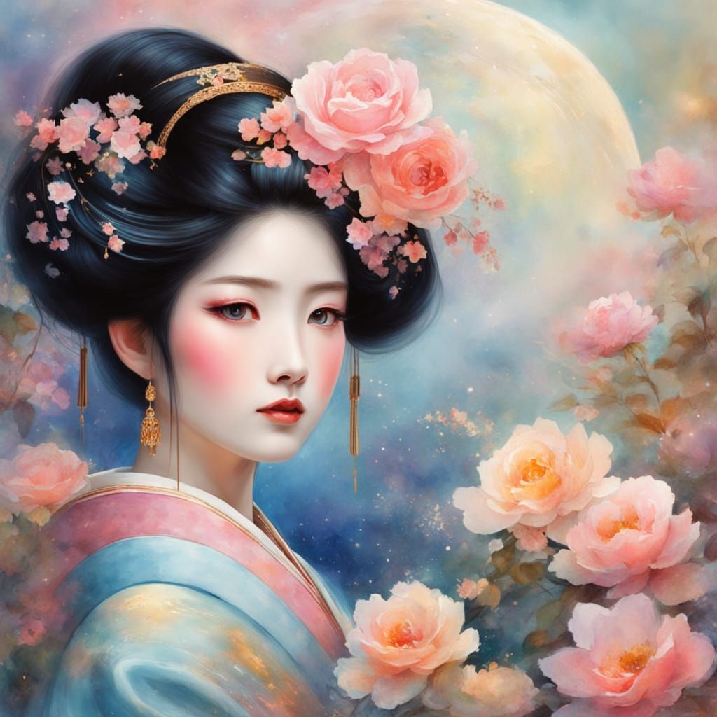 Whimsical Watercolour Geisha in Celestial Dreamscape