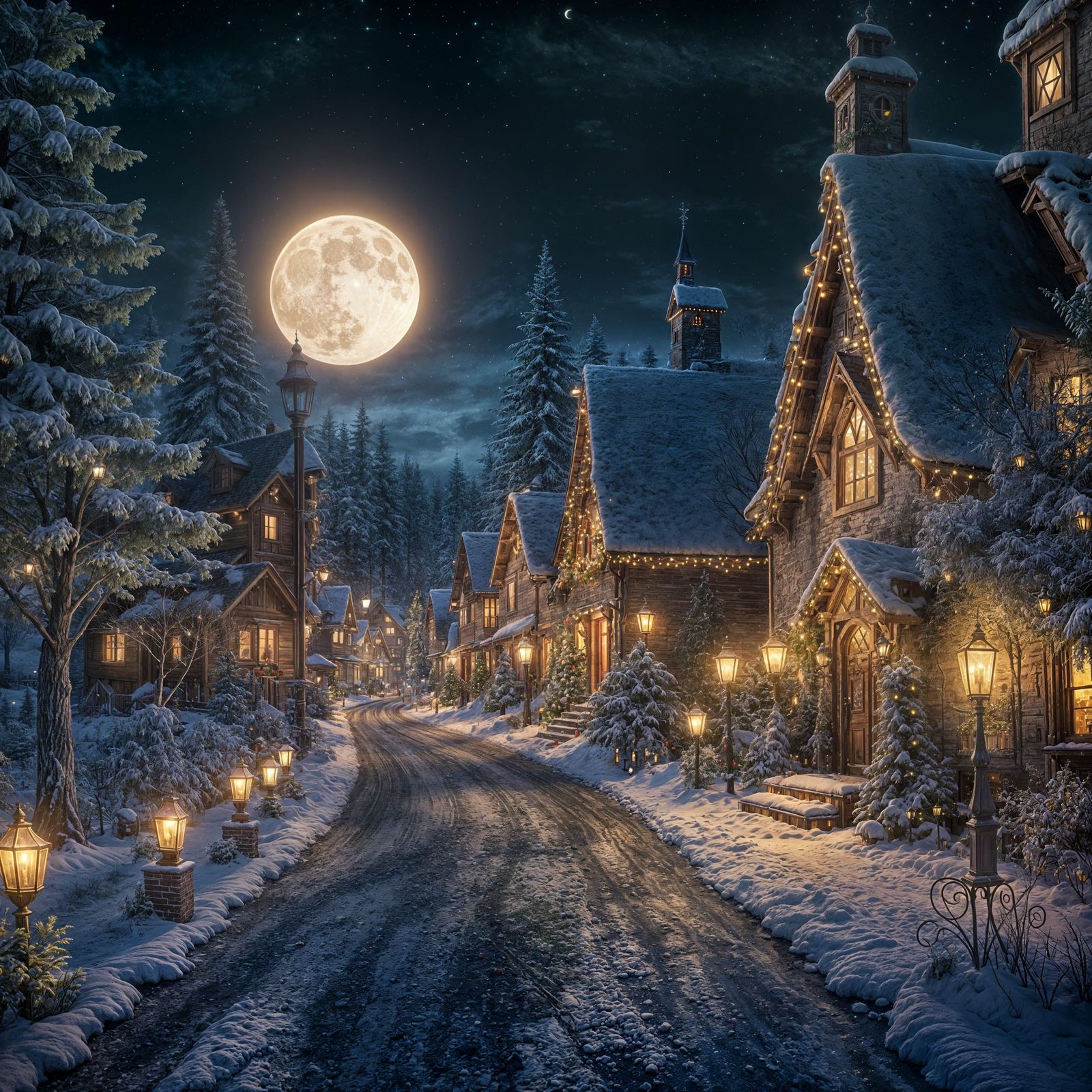 Candlelit Village Road at Night in Matte Painting Style