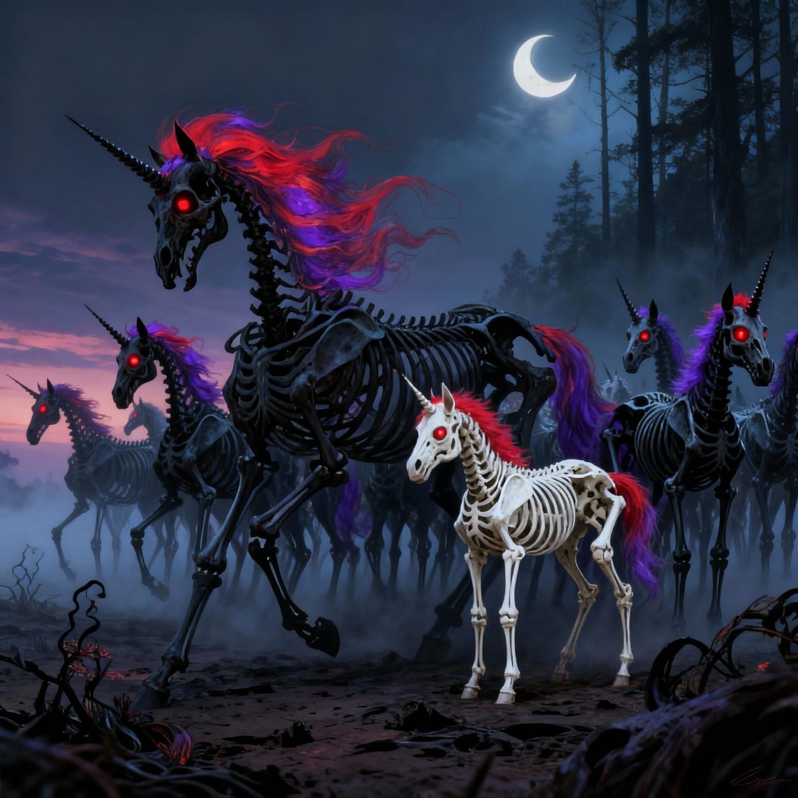 Herd of Skeleton Unicorns Roam a Mystical Landscape