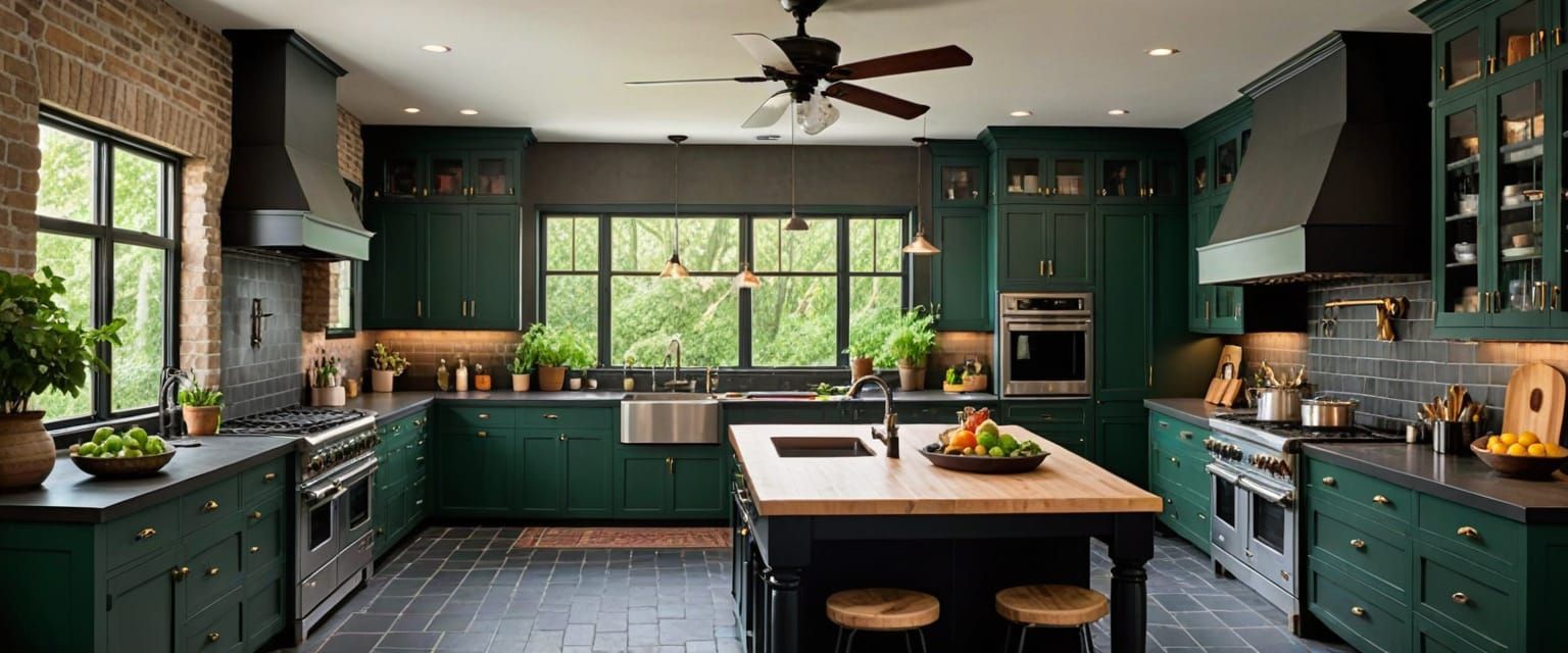 Elegant High-End Chef's Kitchen with Dark Green Cabinets
