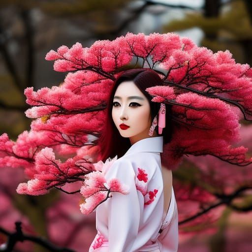 Kitsune Woman in Sakura Blossoms: Japanese Fantasy Art