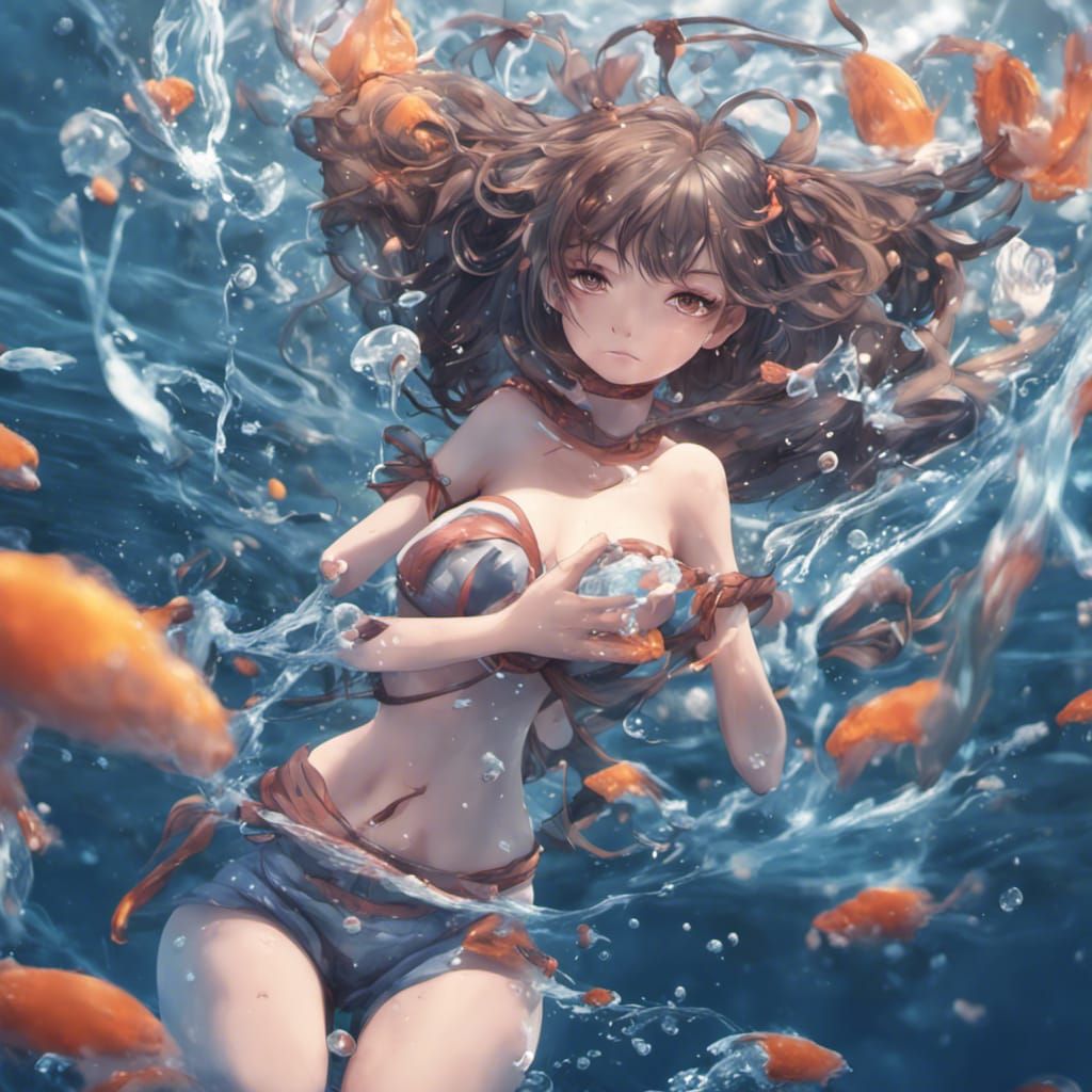 Anime Girl Water Belly Inflation in Detailed Matte Painting