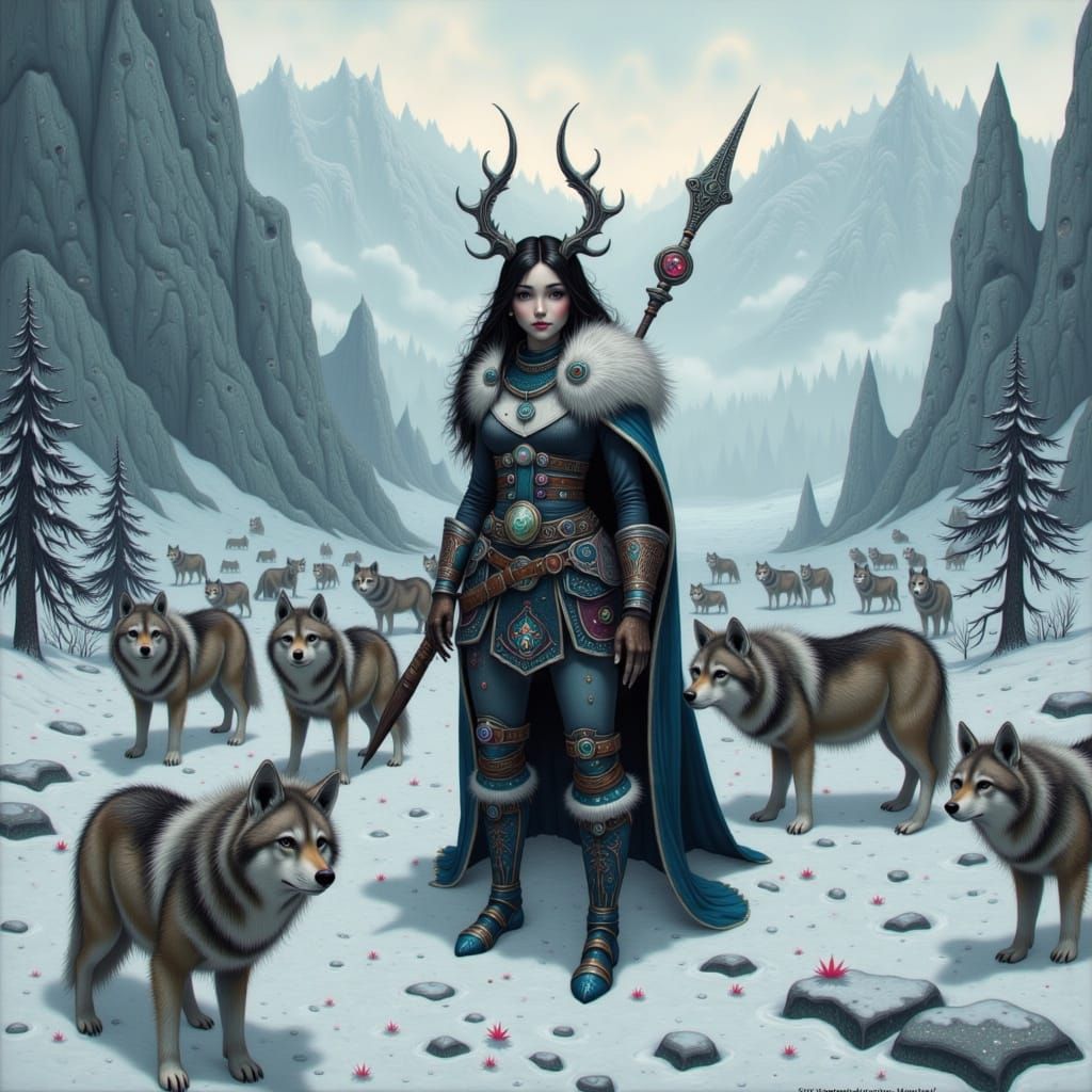 Goddess Skaði in Snowy Landscape, Fantasy Art