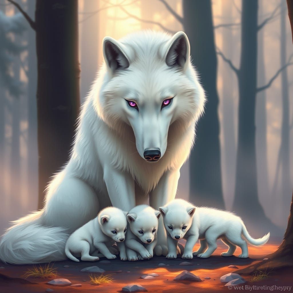 Majestic White Wolf Mother with Two Pups in a Serene Forest