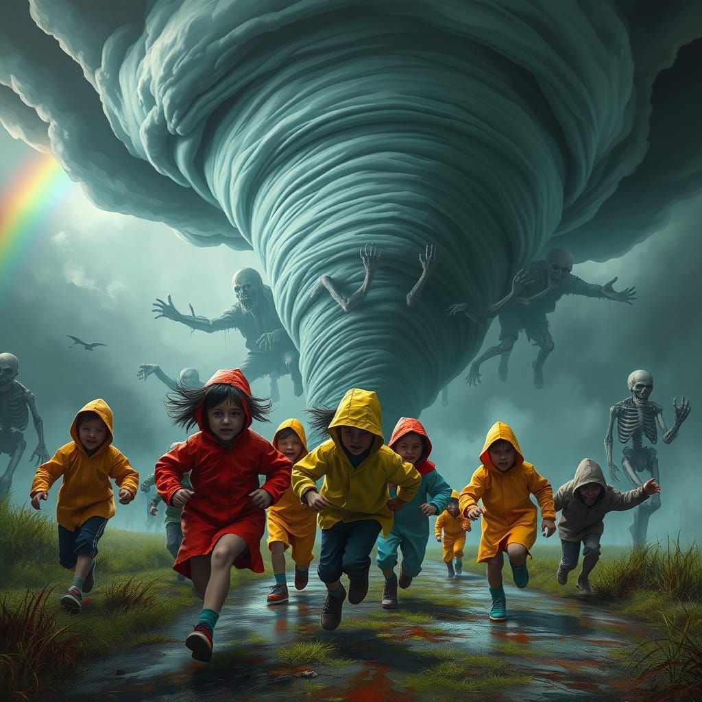 Children Fleeing Zombie Tornado in Digital Painting Style