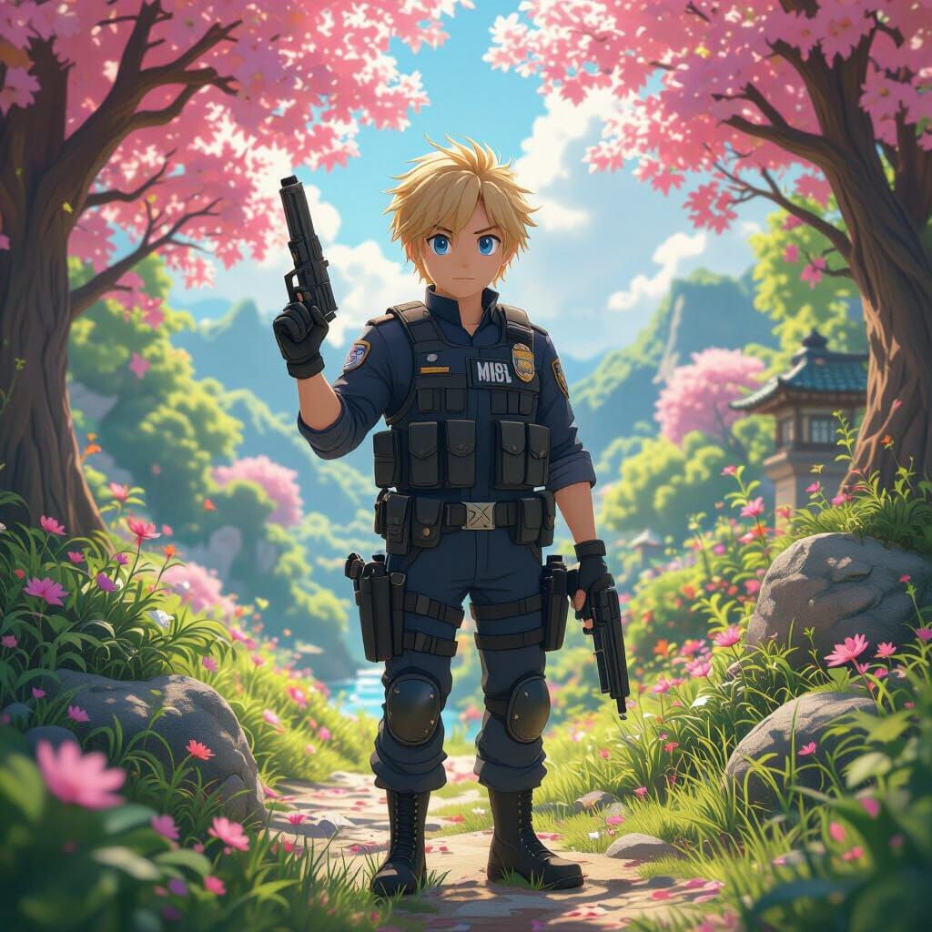 Anime Cop in Fantasy World: 3D Rendered