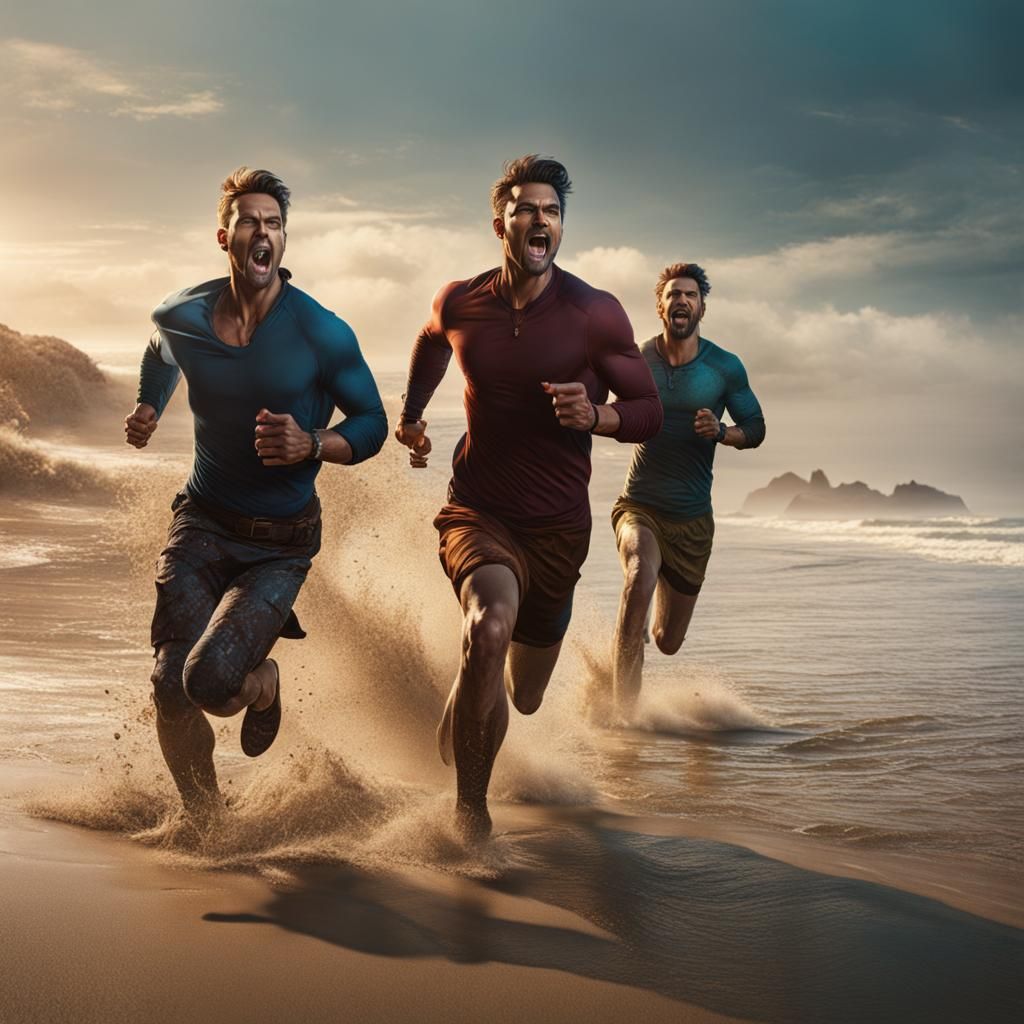 Men Running on Beach: Detailed Matte Painting