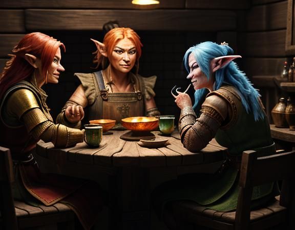 Female Goblins Enjoying Cocktails in Rustic Tavern