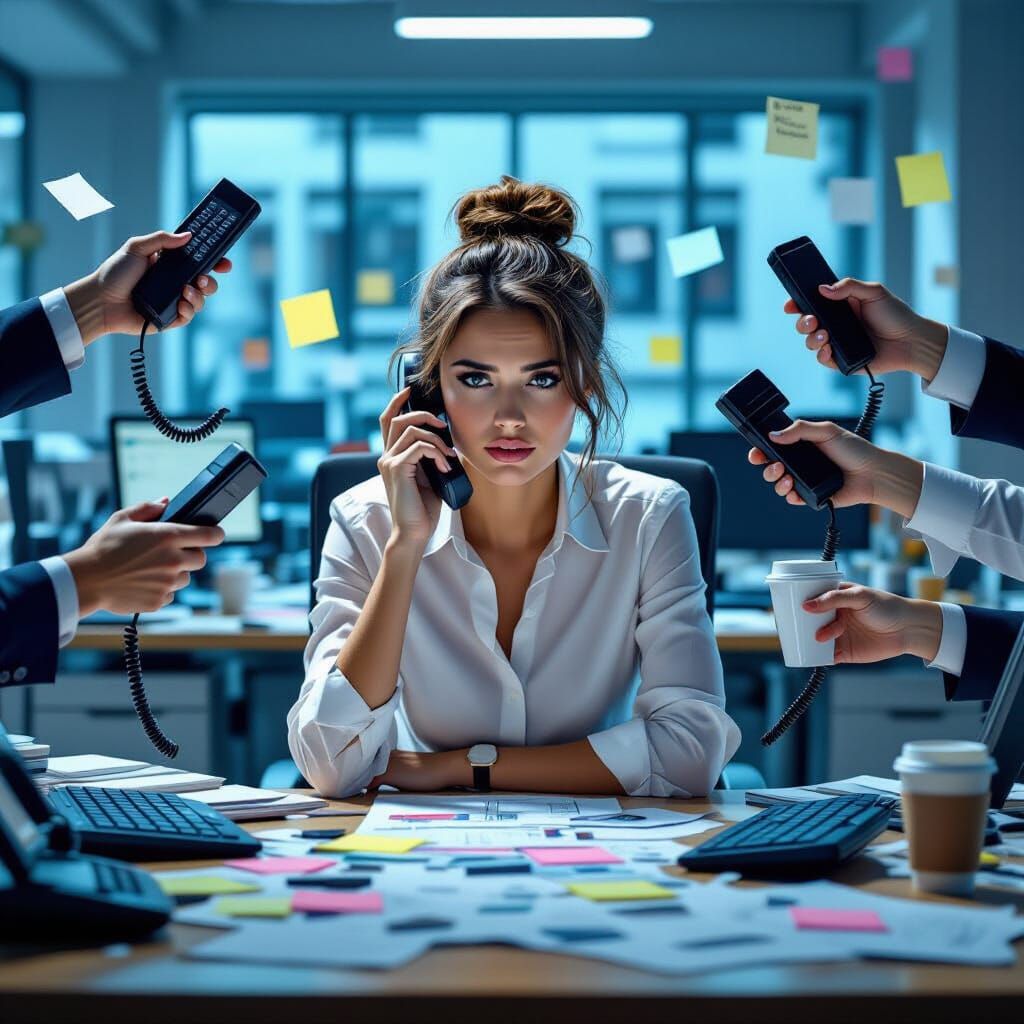 Overwhelmed Businesswoman in Chaotic Office Surrounded by He...