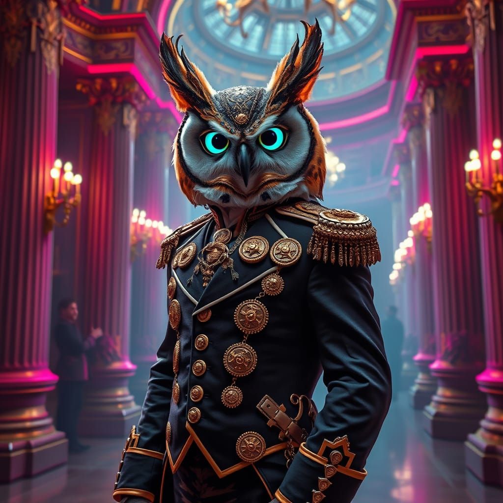 Owl in French Military Suit at Masquerade, Dystopian Baroque