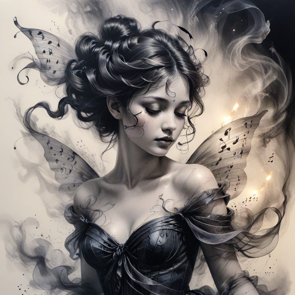 Ethereal Fairy Portrait in Ink and Smoke Style