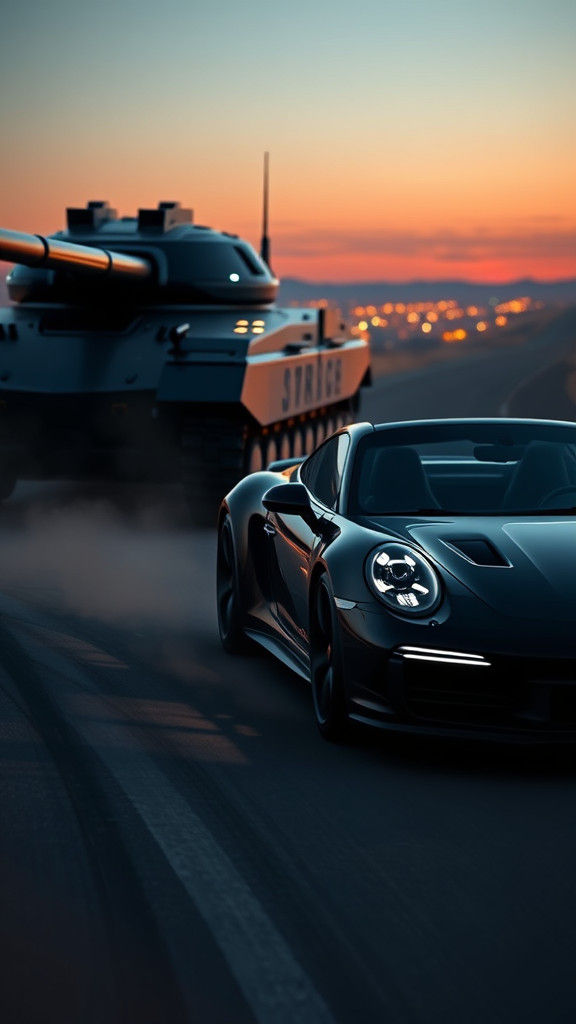 Porsche Sports Car and Luxury Tank on Highway