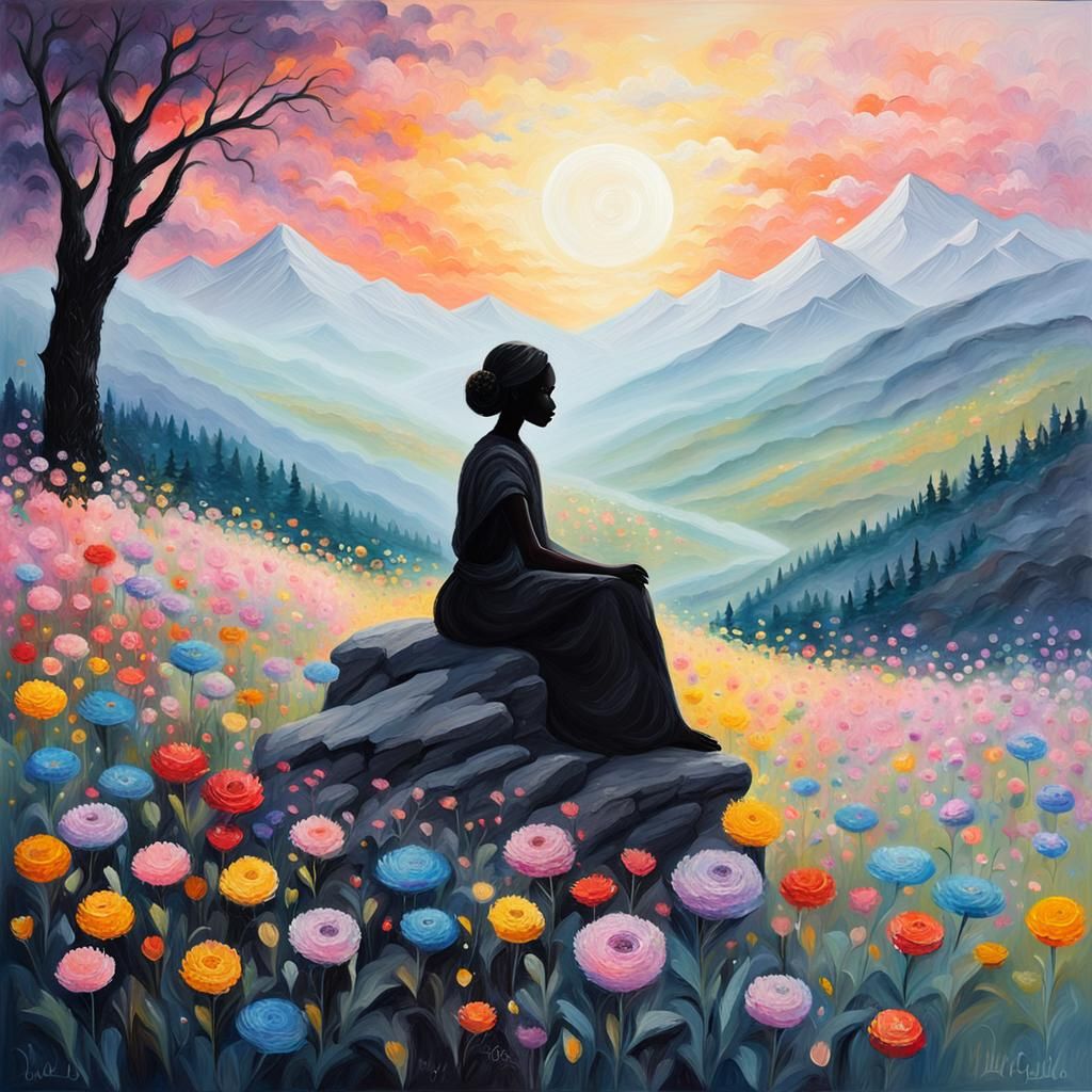 Silhouette in Floral Landscape as Impasto Painting