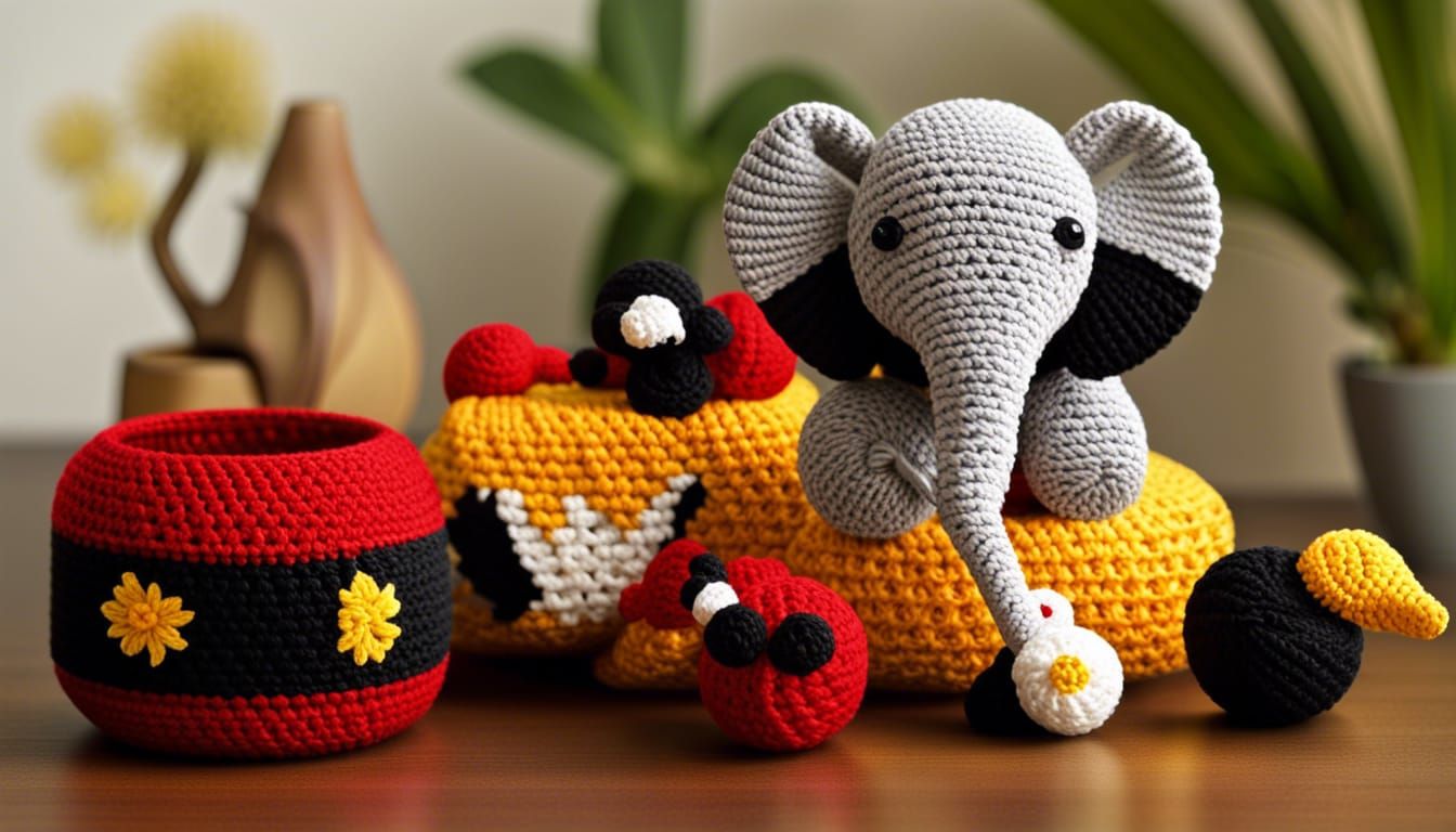 Crocheted Bird and Elephant Yarn Art