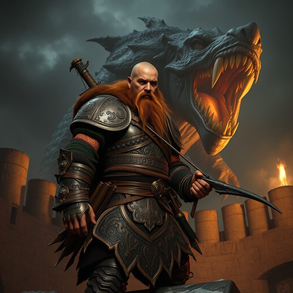 Dwarf Warrior Defends Outpost Against Behemoth Monster