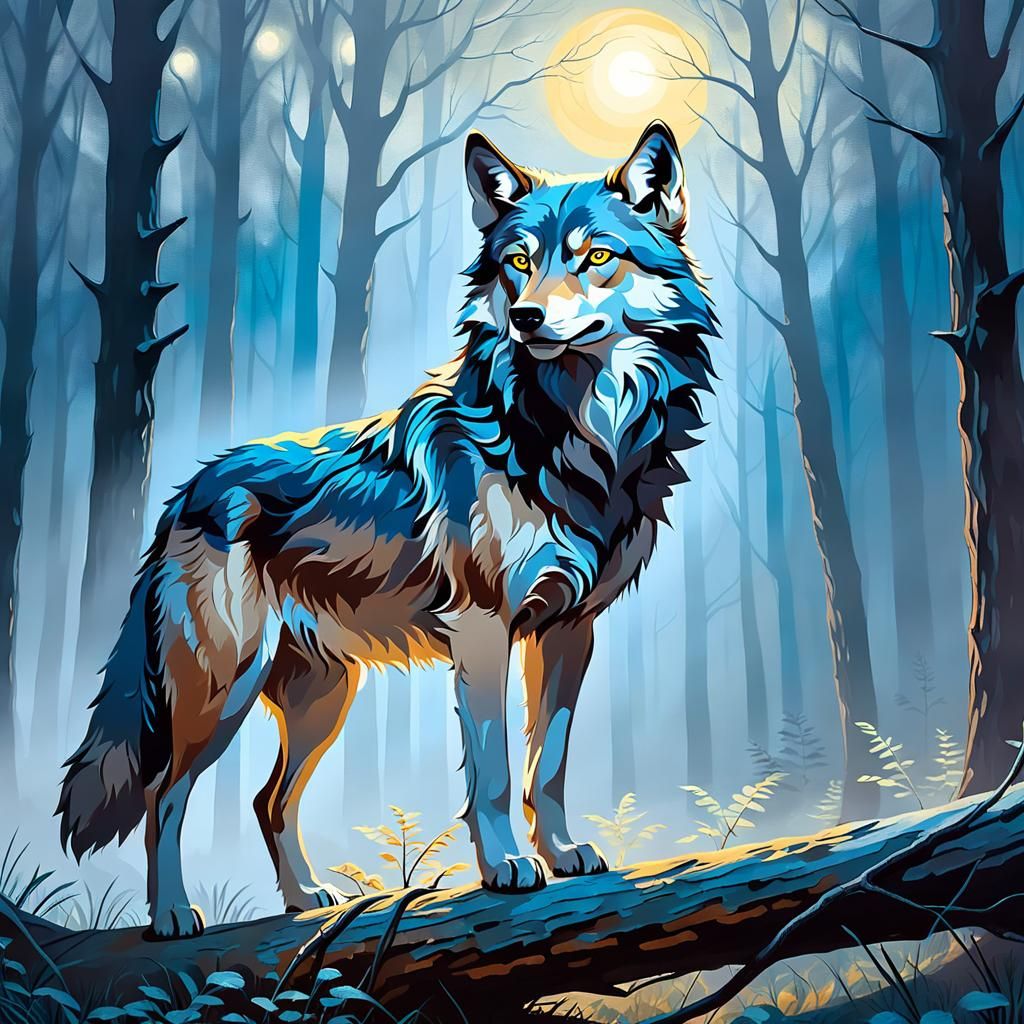 Wolf in Misty Forest: Surreal Expressionist Oil Painting