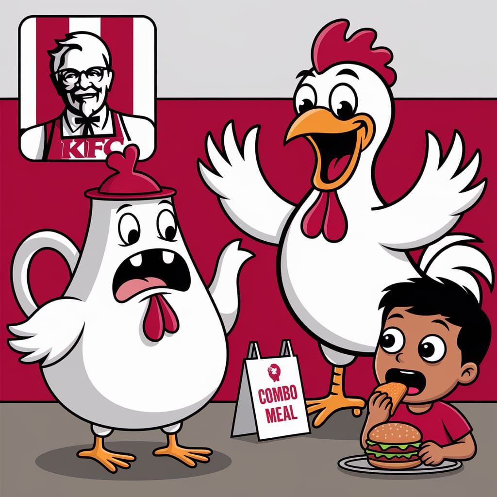 Teapot; terrified, wearing a chicken costume in front of a K...