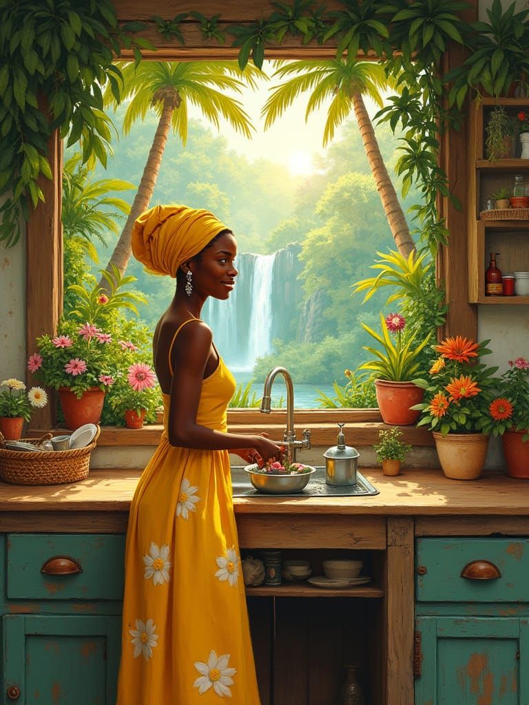 African American Woman in Sunny Kitchen, Naive Style