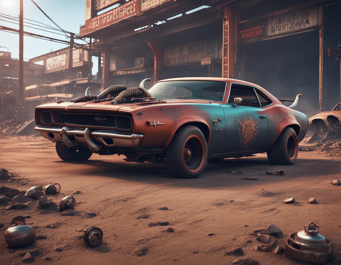Cyberpunk Mad Max Muscle Car with Bull Horns