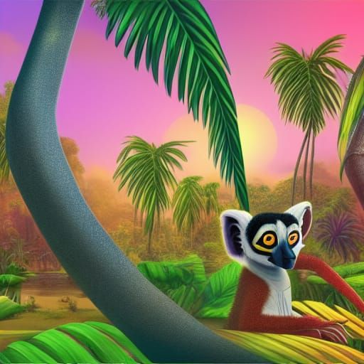 Madagascar Jungle Scene with Lemurs and Baobabs