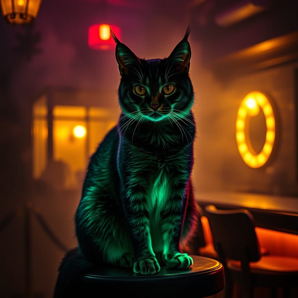 The cat, in a bar, hdr image, jazz ambience,  adding to the ethe...