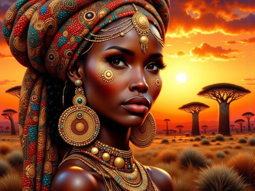 African Goddess of the Savanna in Oil Painting Style