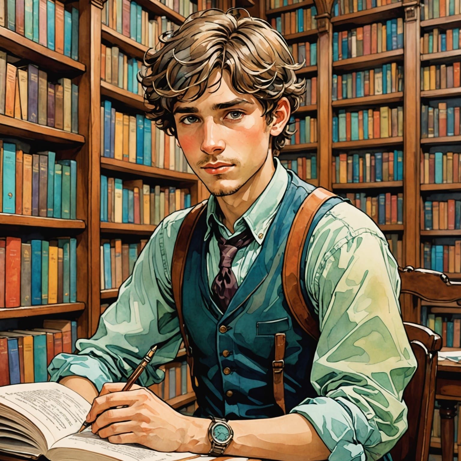 Boy in Library: Alphonse Mucha-Style Watercolor
