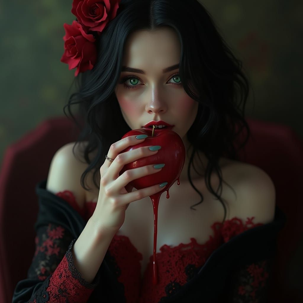 Ethereal Vampire Woman Bites into Forbidden Fruit