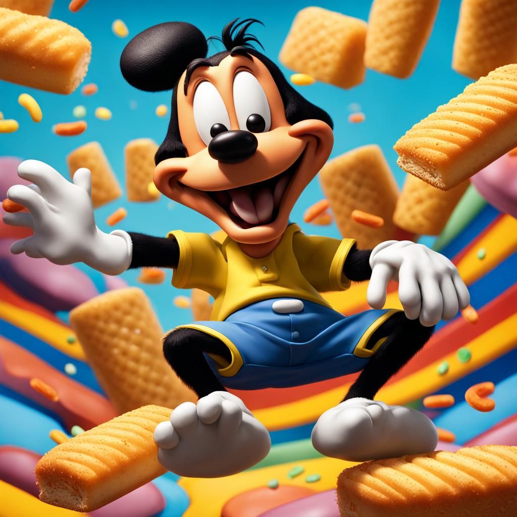 Hyperrealistic Goofy on Trampoline Eating Twinkies