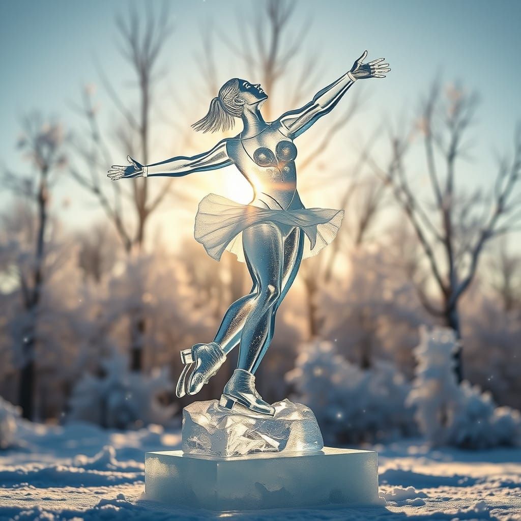 Lifelike Ice Sculpture of a Figure Skater in a Winter Wonder...