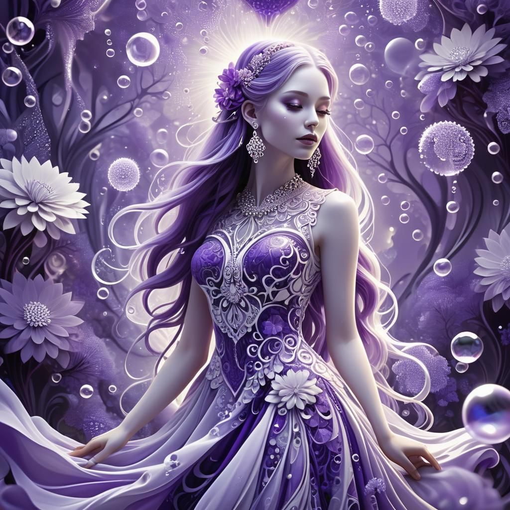Girl in Purple Dress Surrounded by Flowers as Digital Art