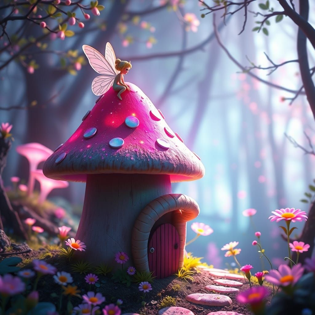 Whimsical Fairy House in a Bioluminescent Forest