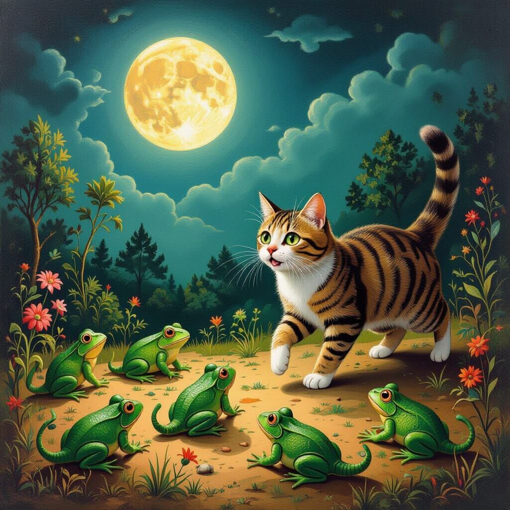 Terrified Cat Flees Talking Frogs in Dreamy Garden