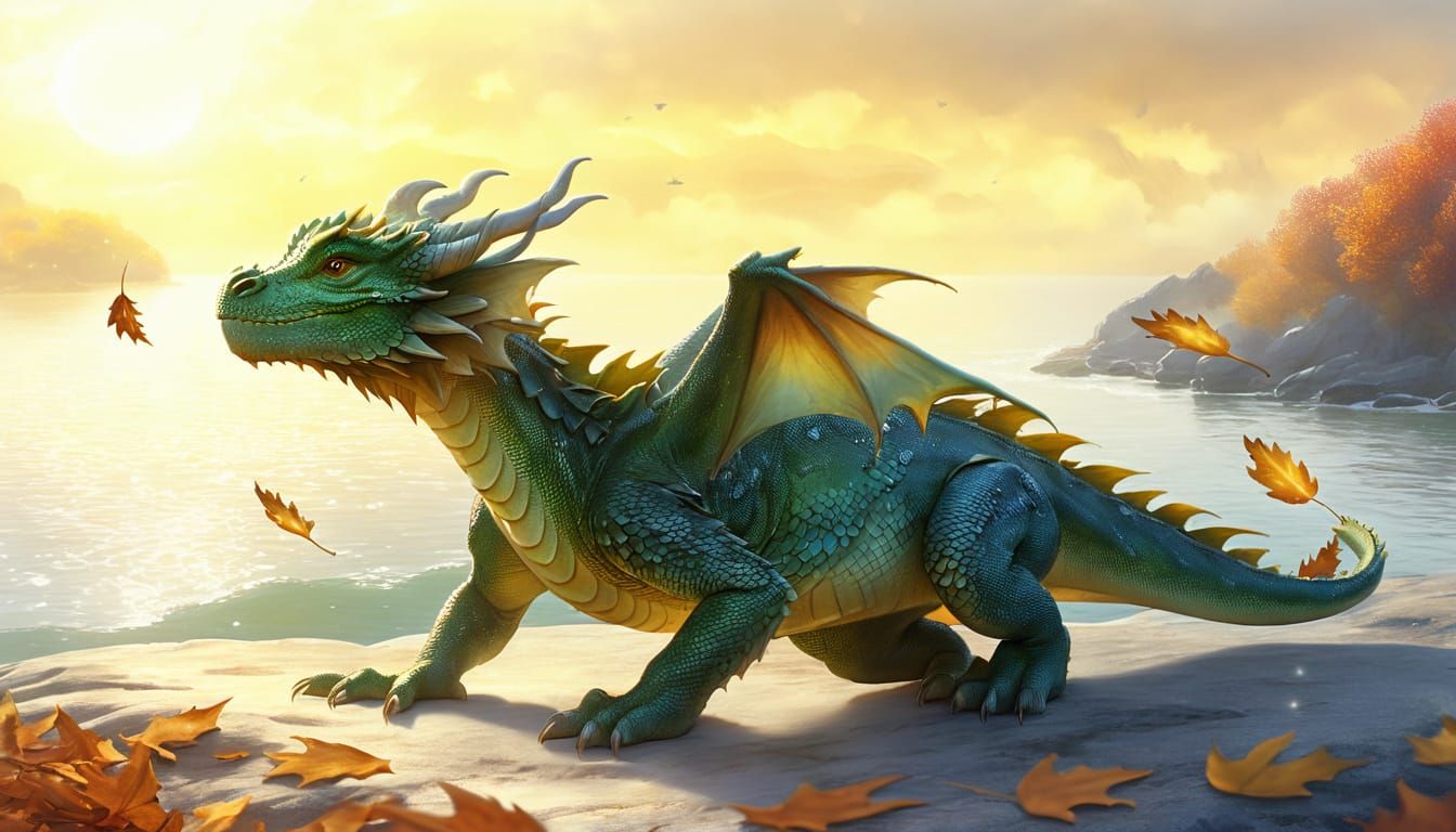 Whimsical Autumn Dragon in Dreamy Watercolor Style