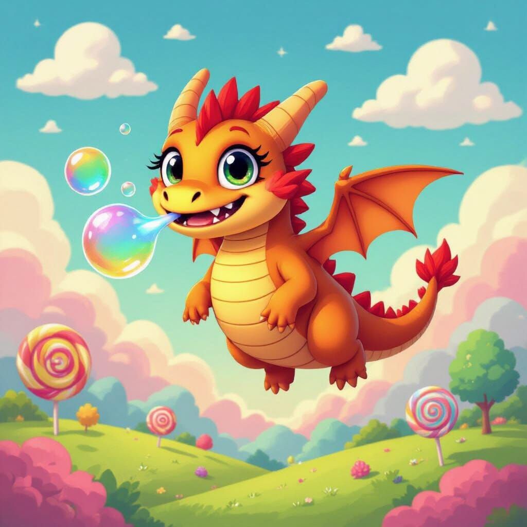 Cartoon Dragon Soaring Through Candy Sky as Digital Art