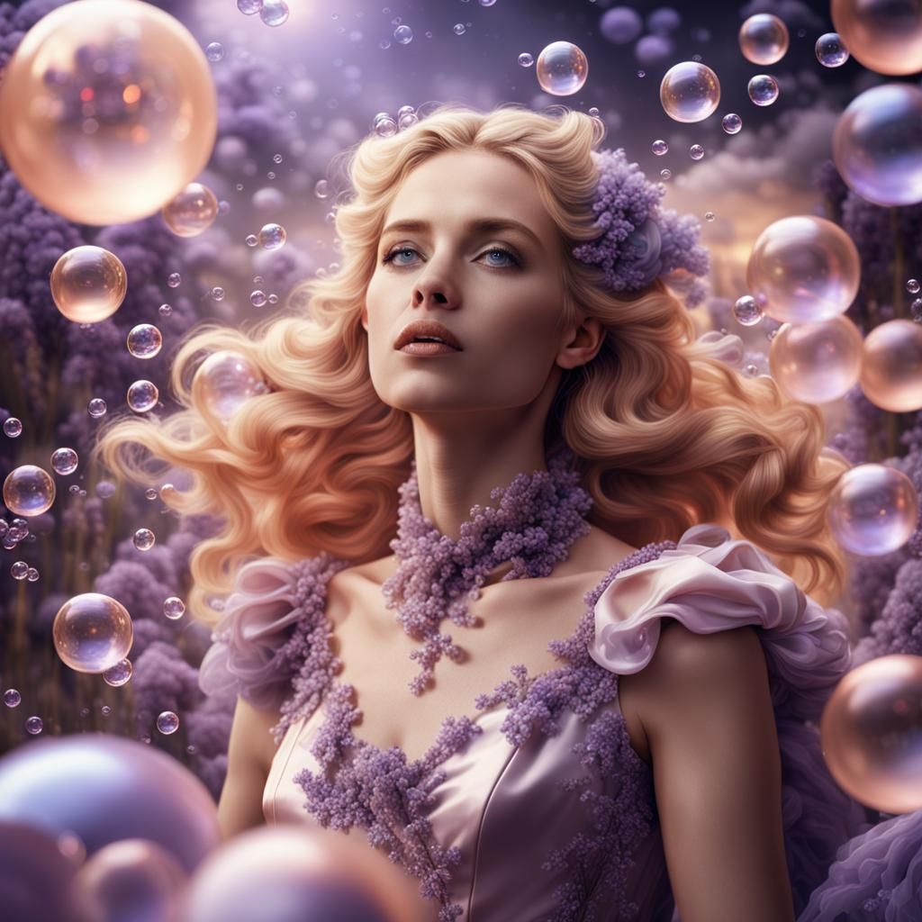 Blonde Woman in Peach Satin with Lavender Bubbles