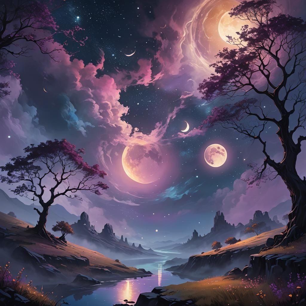 Mystical Landscape with Three Moons: Fantasy Concept Art