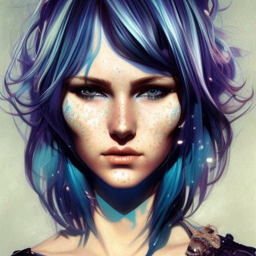 Blue Streaked Pixie Portrait in Hyperdetailed Style