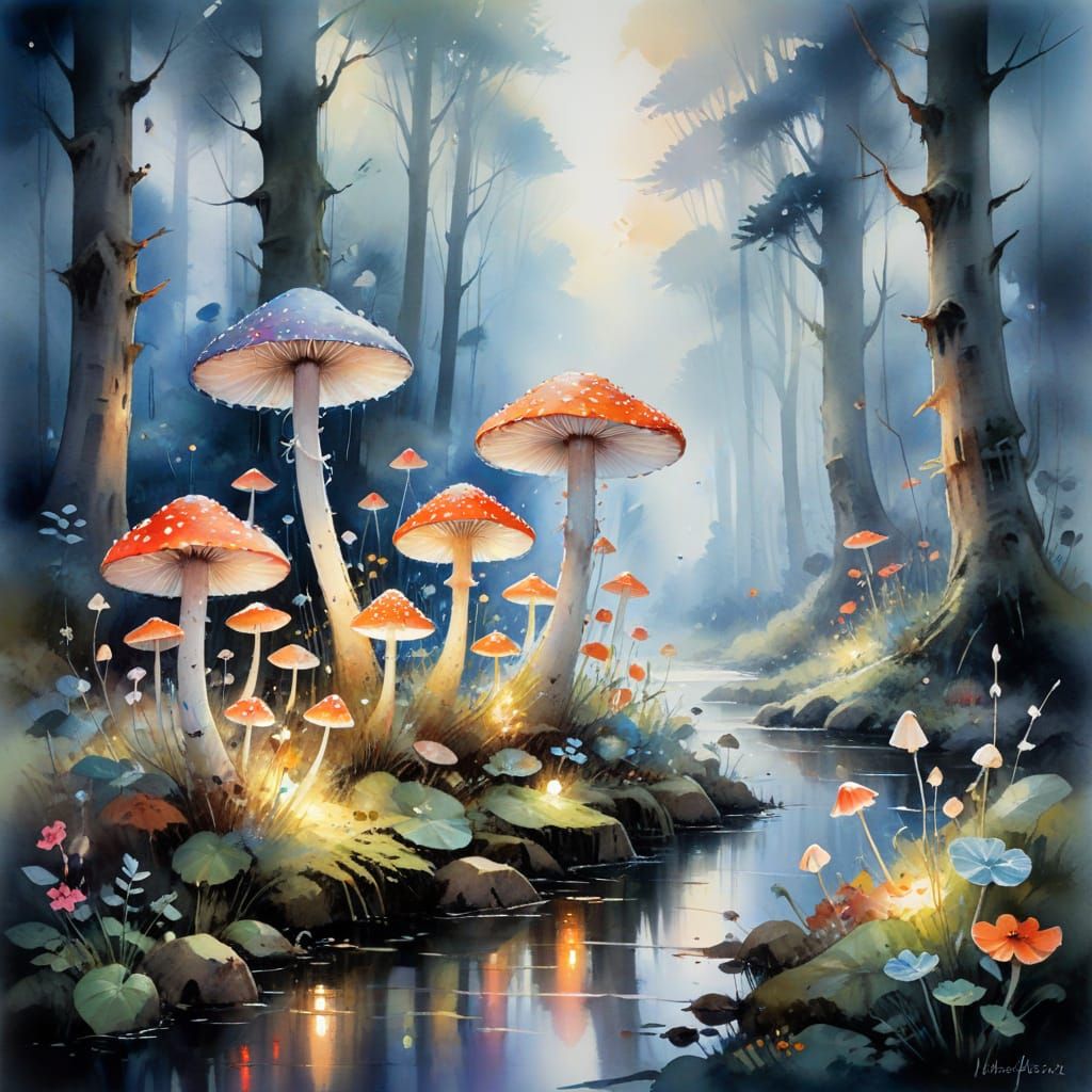 Luminescent Mushrooms in Ethereal Watercolor Forest